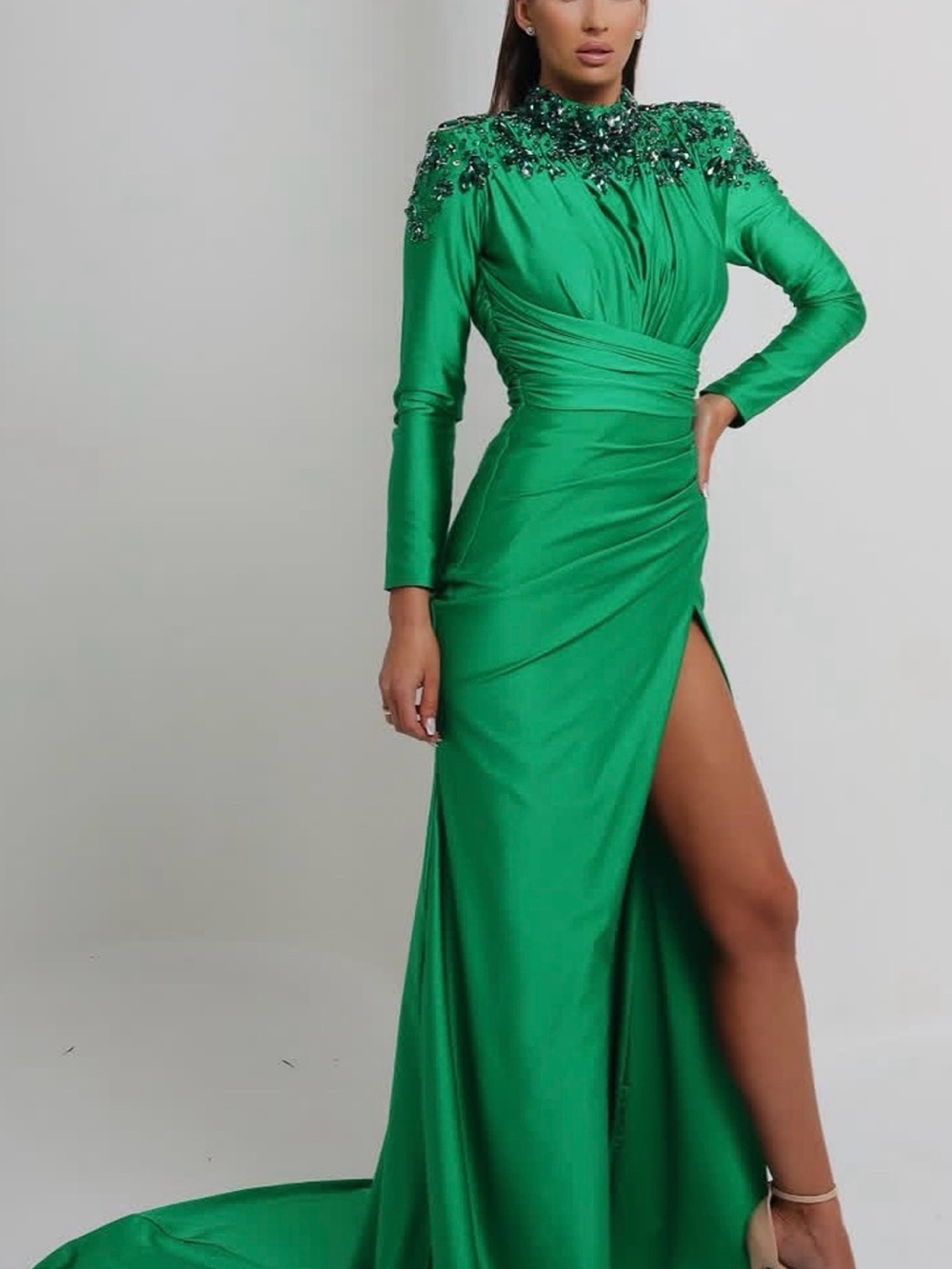 Embellished High-Neck Emerald Maxi Dress with Thigh Slit